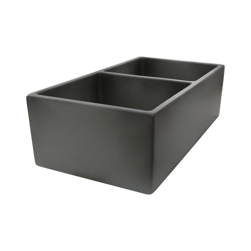 Nantucket Sinks FCFS3318D-Concrete Concrete double bowl farmhouse sink from the opposite corner, flat apron