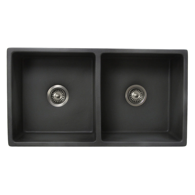 Nantucket Sinks FCFS3318D-Concrete Concrete double bowl farmhouse sink from above showing two bowls and drains