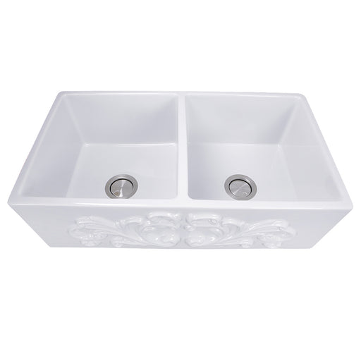 Nantucket Sinks FCFS3318D-Filigree white double bowl fireclay farmhouse sink, elevated front view of the Filigree apron