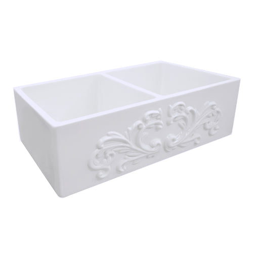 Nantucket Sinks FCFS3318D-Filigree Filigree double bowl farmhouse sink three-quarter view of the scrolled apron