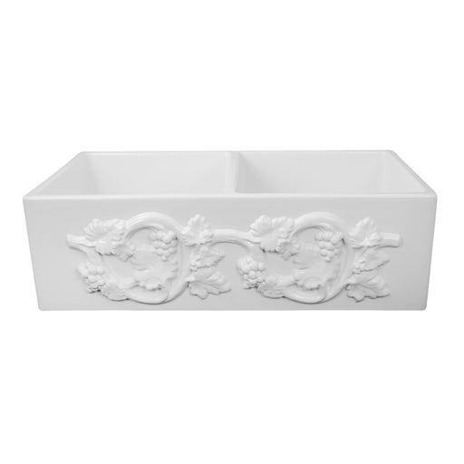 Nantucket Sinks FCFS3318D-Grapes white double bowl fireclay farmhouse sink, front view of the carved Grapes apron