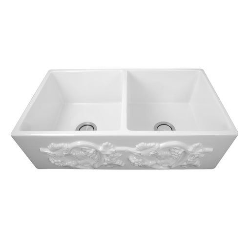 Nantucket Sinks FCFS3318D-Grapes Grapes double bowl farmhouse sink elevated front view into both bowls