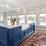Nantucket Sinks FCFS3318D-Grapes Grapes double bowl farmhouse sink in a navy island overlooking the water