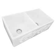 Nantucket Sinks FCFS3318D-Grapes Grapes double bowl farmhouse sink three-quarter view from above with drains