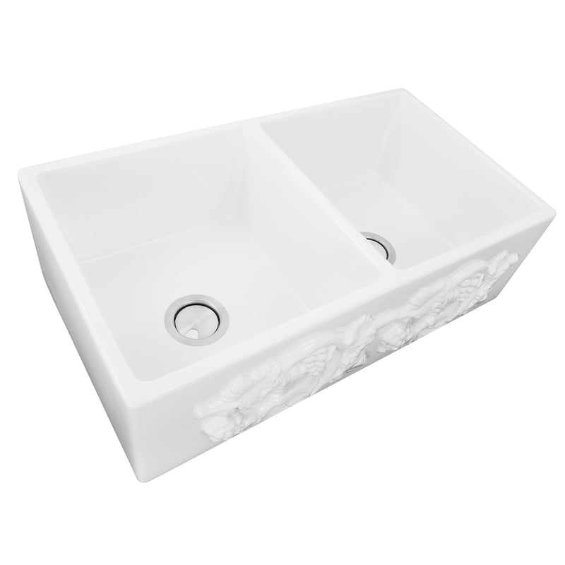 Nantucket Sinks FCFS3318D-Grapes Grapes double bowl farmhouse sink three-quarter view from above with drains