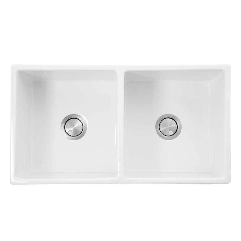 Nantucket Sinks FCFS3318D-Grapes Grapes double bowl farmhouse sink from above showing two bowls and drains