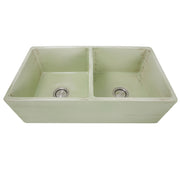 Nantucket Sinks FCFS3318D-ShabbyGreen distressed Shabby Green double bowl fireclay farmhouse sink, elevated front view