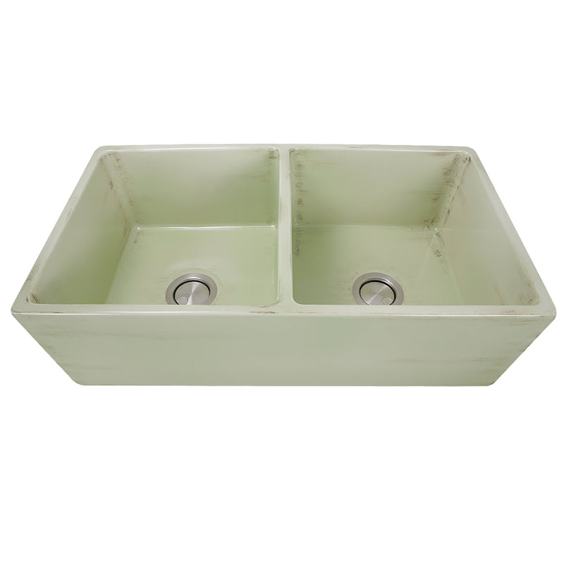 Nantucket Sinks FCFS3318D-ShabbyGreen distressed Shabby Green double bowl fireclay farmhouse sink, elevated front view