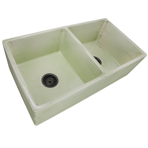 Nantucket Sinks FCFS3318D-ShabbyGreen Shabby Green double bowl farmhouse sink three-quarter view from above, dark drains