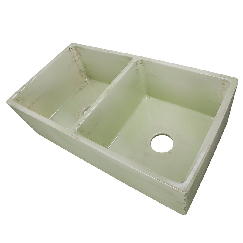 Nantucket Sinks FCFS3318D-ShabbyGreen Shabby Green double bowl farmhouse sink from the left corner, drain holes open