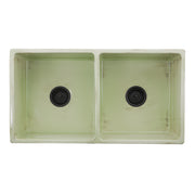 Nantucket Sinks FCFS3318D-ShabbyGreen Shabby Green double bowl farmhouse sink from above, two bowls with dark drains