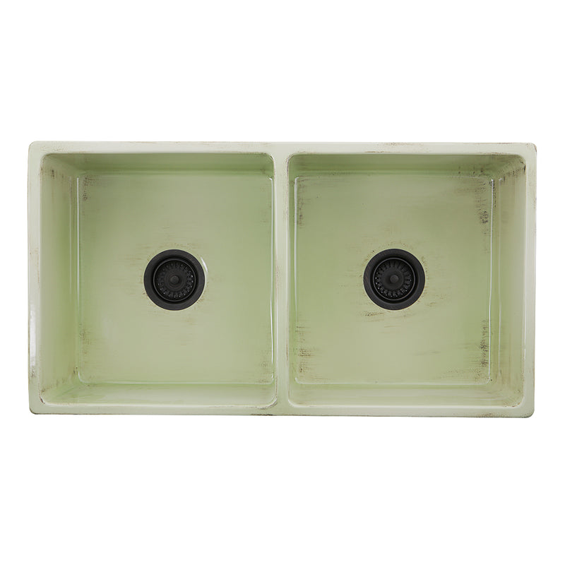 Nantucket Sinks FCFS3318D-ShabbyGreen Shabby Green double bowl farmhouse sink from above, two bowls with dark drains
