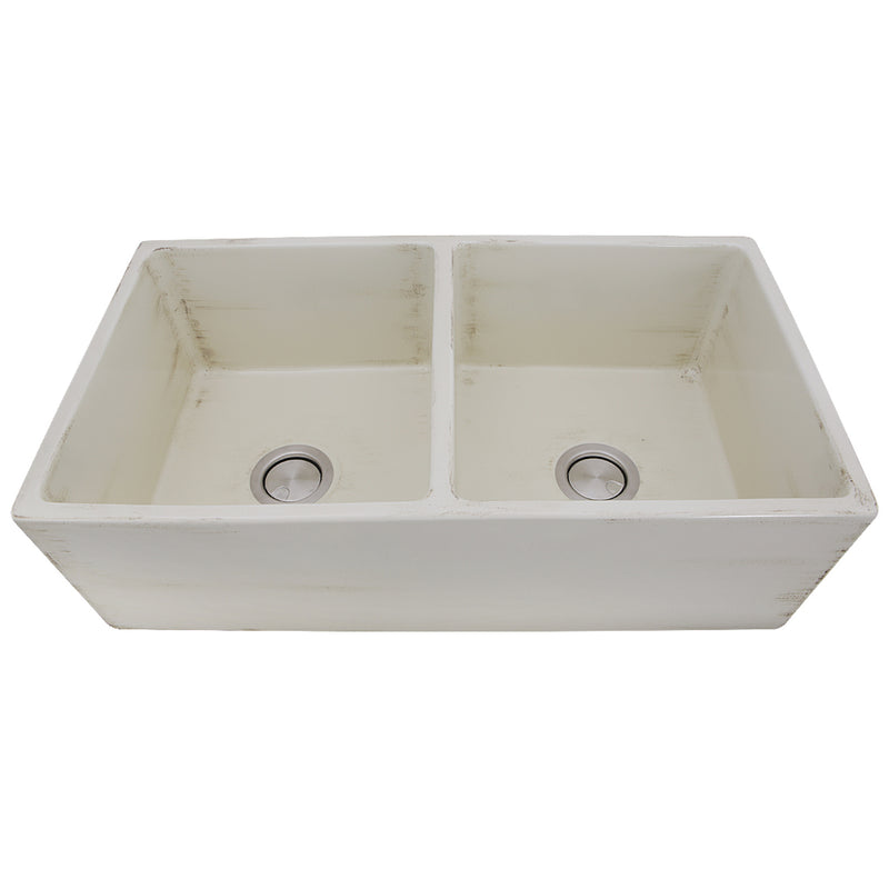 Nantucket Sinks FCFS3318D-ShabbyStraw distressed Shabby Straw double bowl fireclay farmhouse sink, elevated front view