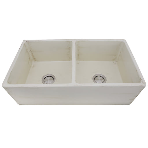Nantucket Sinks FCFS3318D-ShabbyStraw distressed Shabby Straw double bowl fireclay farmhouse sink, elevated front view