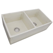 Nantucket Sinks FCFS3318D-ShabbyStraw Shabby Straw double bowl farmhouse sink three-quarter view from above