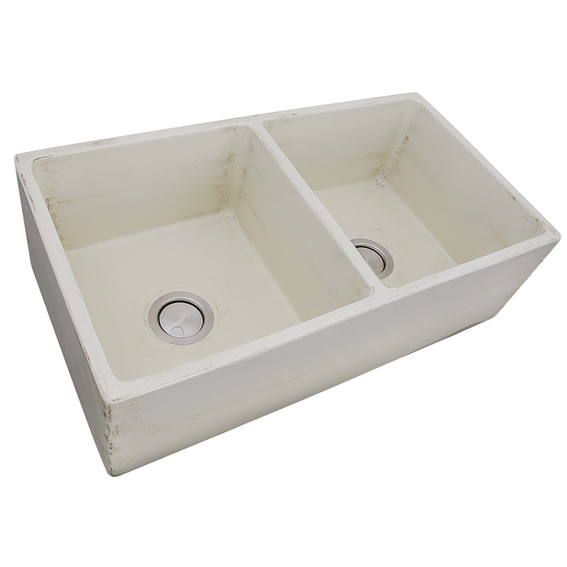 Nantucket Sinks FCFS3318D-ShabbyStraw Shabby Straw double bowl farmhouse sink three-quarter view from above