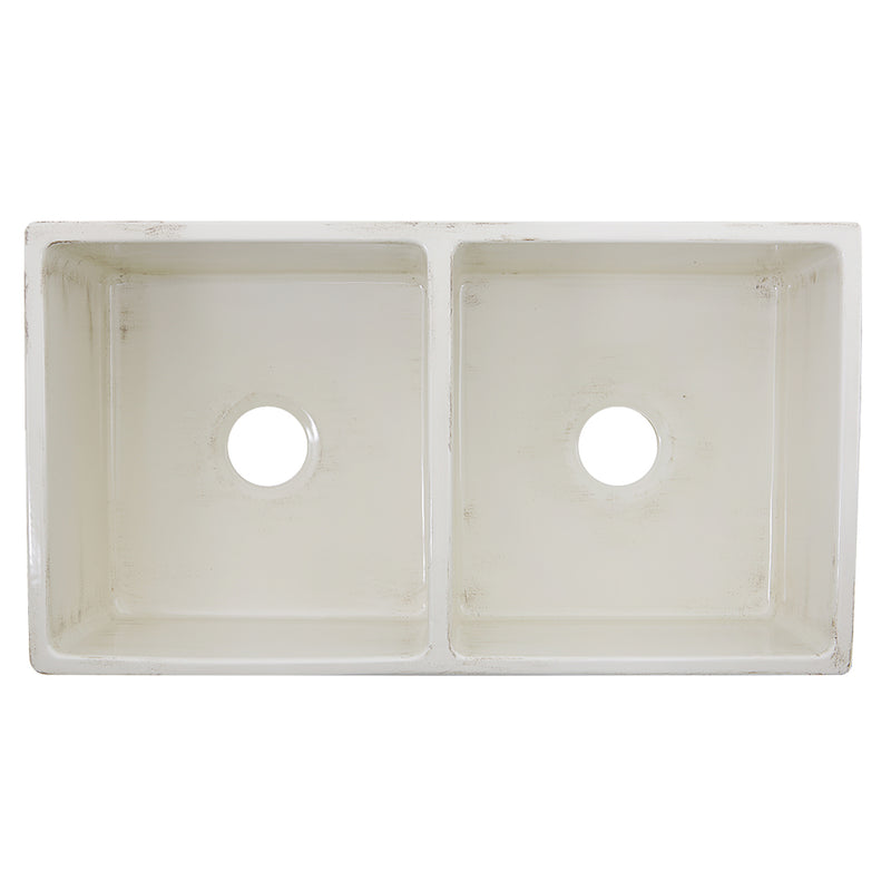Nantucket Sinks FCFS3318D-ShabbyStraw Shabby Straw double bowl farmhouse sink from above showing two drain holes