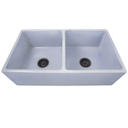 Nantucket Sinks FCFS3318D-ShabbySugar Shabby Sugar double bowl farmhouse sink elevated front view with dark drains