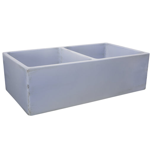 Nantucket Sinks FCFS3318D-ShabbySugar distressed Shabby Sugar light blue double bowl fireclay farmhouse sink, three-quarter
