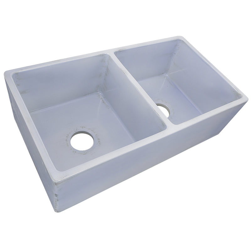Nantucket Sinks FCFS3318D-ShabbySugar Shabby Sugar double bowl farmhouse sink from above at an angle, drain holes