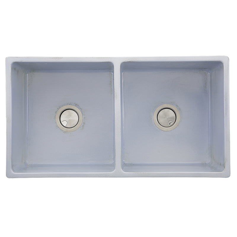 Nantucket Sinks FCFS3318D-ShabbySugar Shabby Sugar double bowl farmhouse sink from above, two bowls and drains
