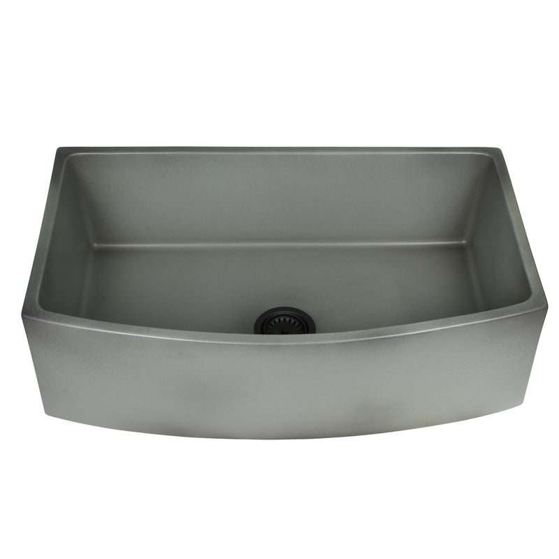 Nantucket Sinks FCFS3320CA-C Concrete curved apron farmhouse sink front view into the bowl and dark drain