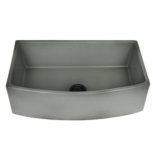 Nantucket Sinks FCFS3320CA-C Concrete curved apron farmhouse sink front view into the bowl and dark drain