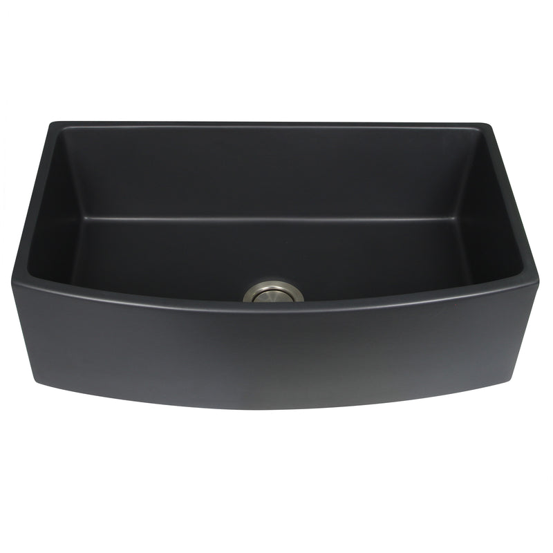 Nantucket Sinks FCFS3320CA-MB Matte Black fireclay farmhouse sink with curved apron, elevated front view