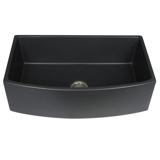 Nantucket Sinks FCFS3320CA-MB Matte Black fireclay farmhouse sink with curved apron, elevated front view