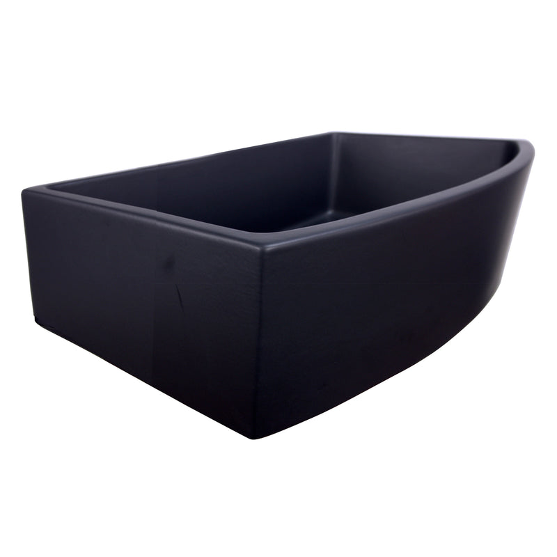 Nantucket Sinks FCFS3320CA-MB Matte Black curved apron farmhouse sink low corner angle showing the side