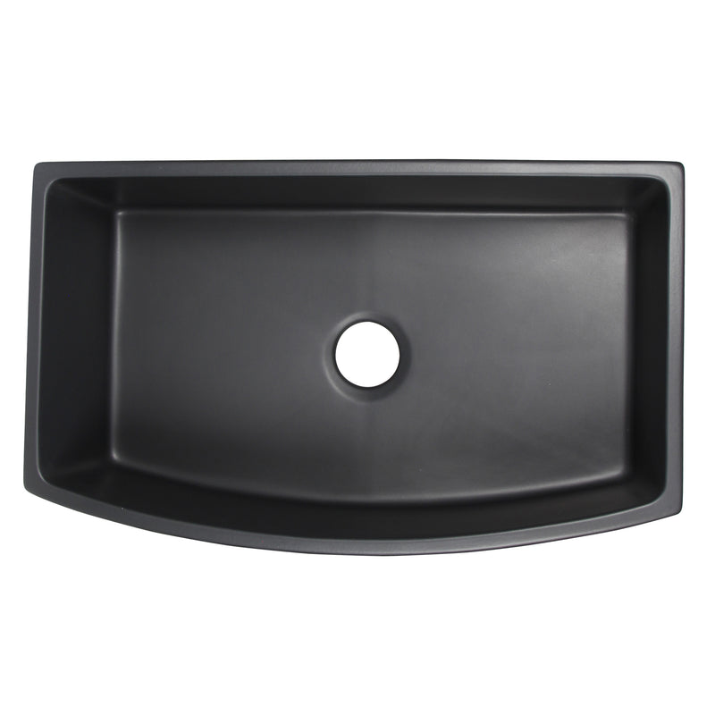 Nantucket Sinks FCFS3320CA-MB Matte Black curved apron farmhouse sink from above with the drain opening