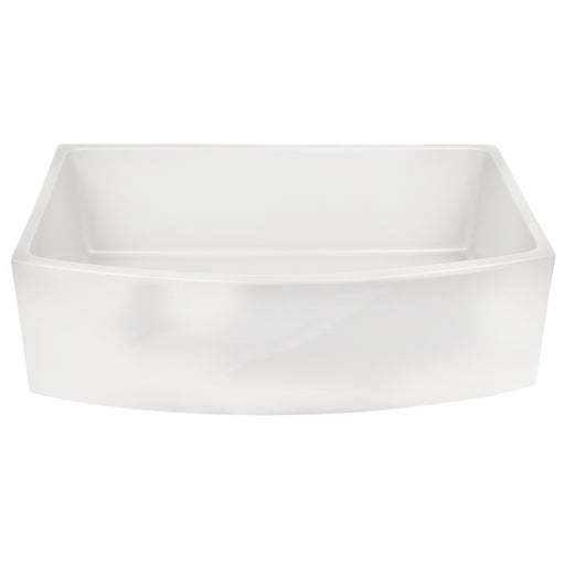 Nantucket Sinks FCFS3320CA-W white curved apron farmhouse sink straight front view of the bowed apron