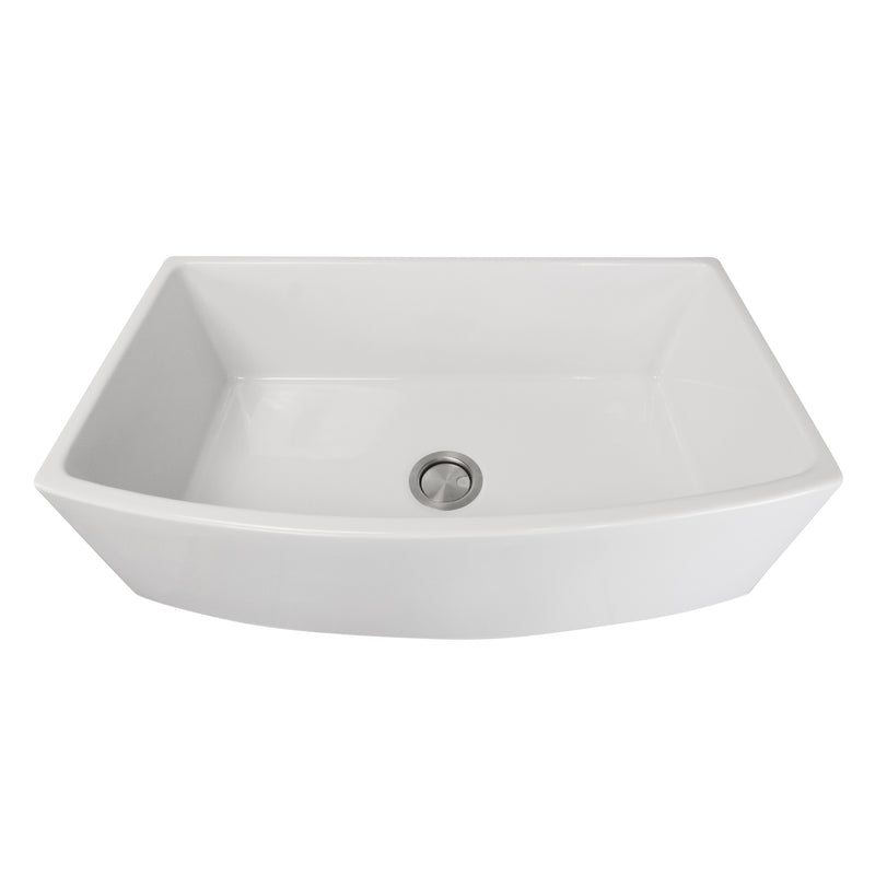 Nantucket Sinks FCFS3320CA-W white curved apron farmhouse sink front view with drain visible