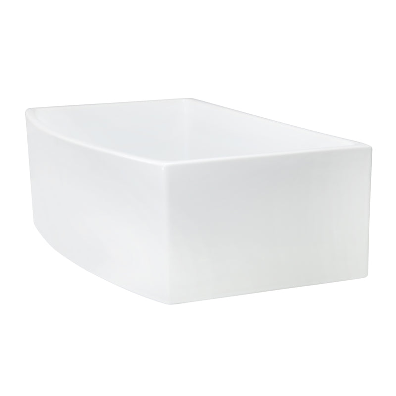 Nantucket Sinks FCFS3320CA-W white curved apron farmhouse sink low corner angle showing the side