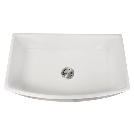 Nantucket Sinks FCFS3320CA-W white fireclay farmhouse sink with curved apron, elevated front view into the bowl