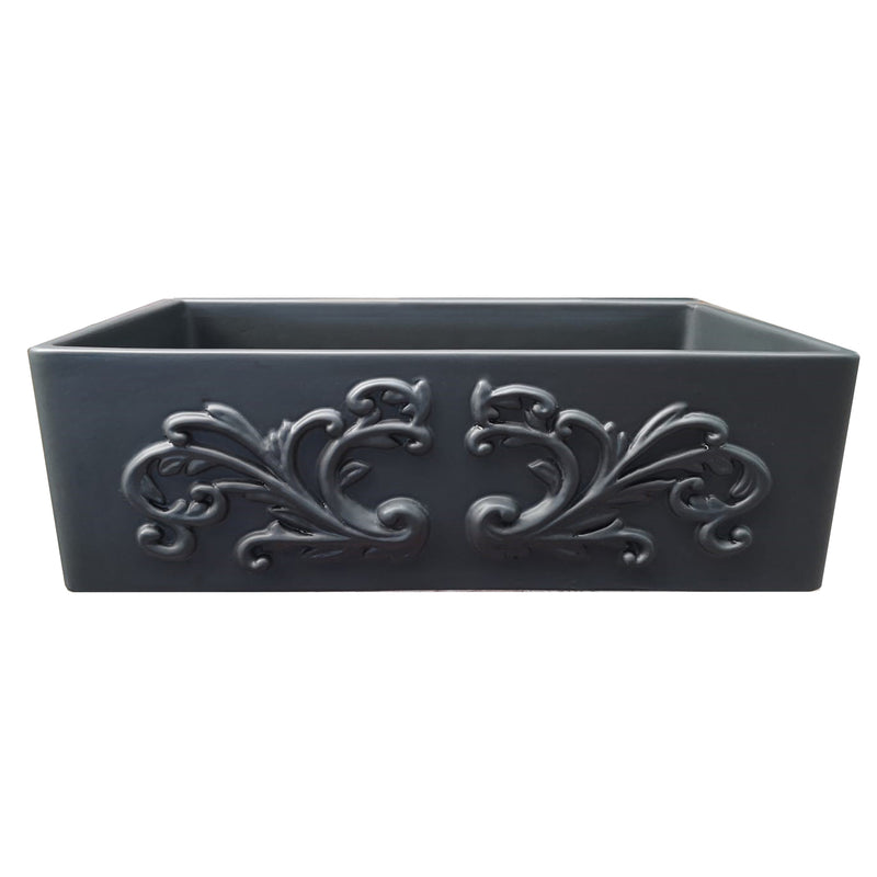 Nantucket Sinks FCFS3320S-FiligreeMBL Matte Black fireclay farmhouse sink, front view of the raised Filigree scroll apron
