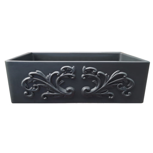 Nantucket Sinks FCFS3320S-FiligreeMBL Matte Black fireclay farmhouse sink, front view of the raised Filigree scroll apron