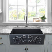 Nantucket Sinks FCFS3320S-FiligreeMBL Matte Black Filigree farmhouse sink below a window with grey stone counters