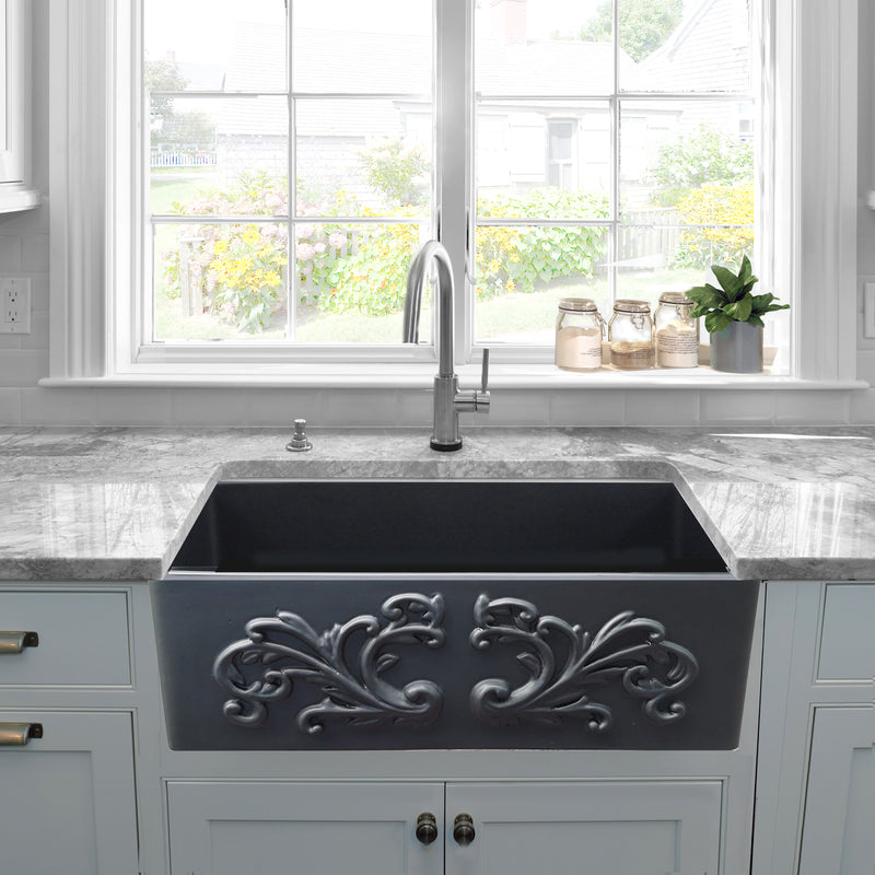 Nantucket Sinks FCFS3320S-FiligreeMBL Matte Black Filigree farmhouse sink below a window with grey stone counters