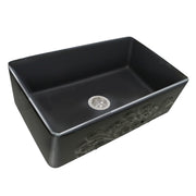Nantucket Sinks FCFS3320S-FiligreeMBL Matte Black Filigree farmhouse sink three-quarter view into the bowl and drain