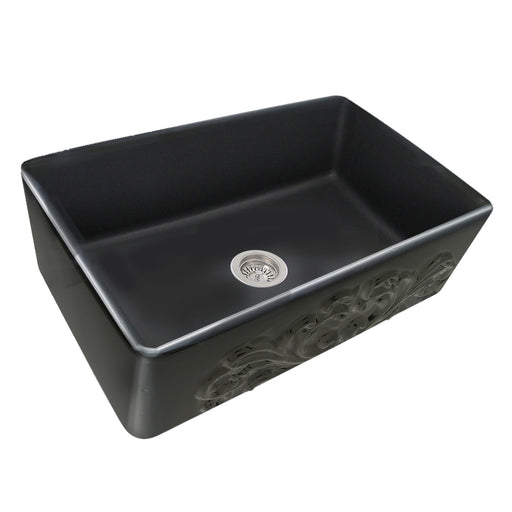 Nantucket Sinks FCFS3320S-FiligreeMBL Matte Black Filigree farmhouse sink three-quarter view into the bowl and drain