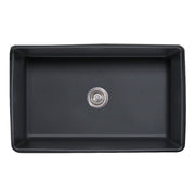 Nantucket Sinks FCFS3320S-FiligreeMBL Matte Black Filigree farmhouse sink from above showing the bowl and drain