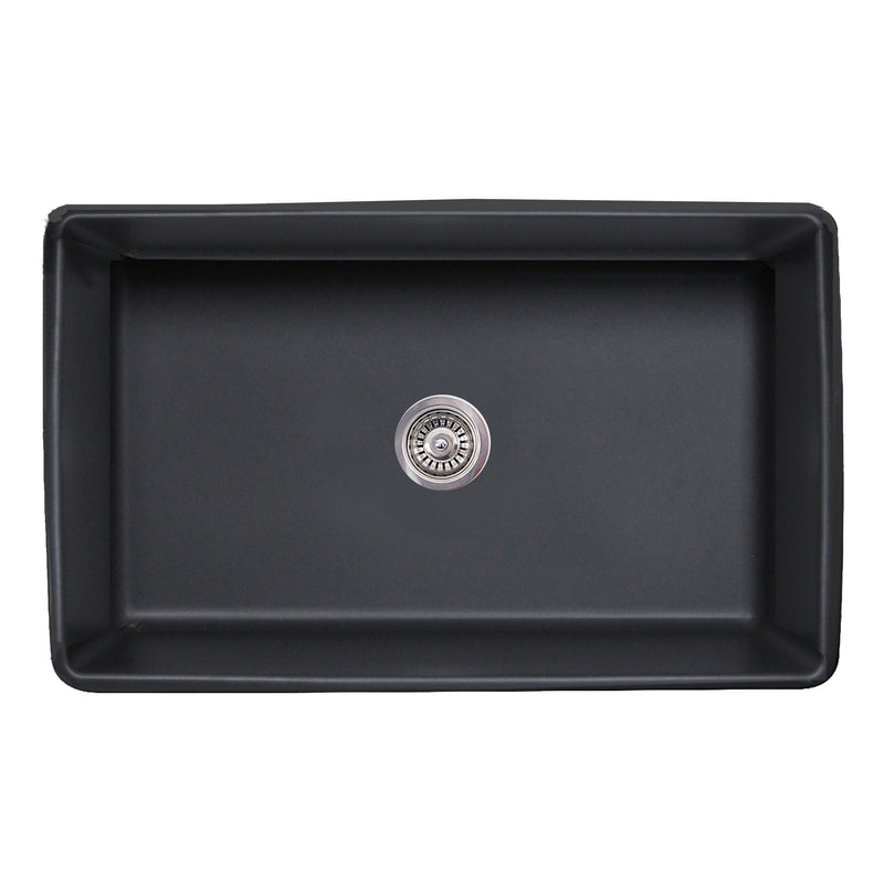 Nantucket Sinks FCFS3320S-FiligreeMBL Matte Black Filigree farmhouse sink from above showing the bowl and drain