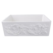 Nantucket Sinks FCFS3320S-Grapes Grapes apron farmhouse sink front view of the grapevine relief