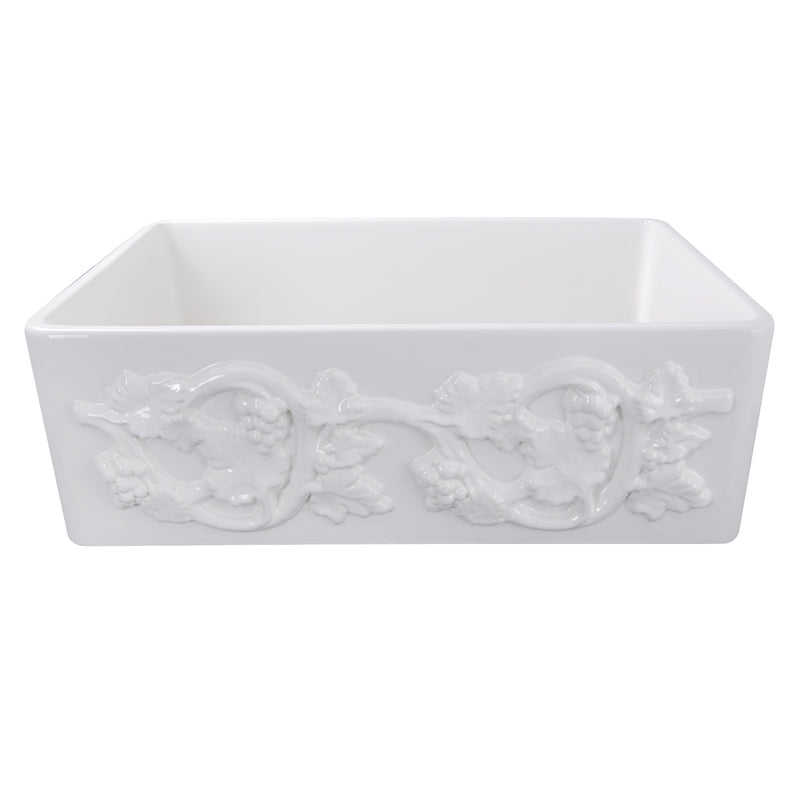 Nantucket Sinks FCFS3320S-Grapes Grapes apron farmhouse sink front view of the grapevine relief
