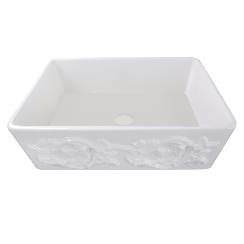 Nantucket Sinks FCFS3320S-Grapes Grapes farmhouse sink elevated front view into the single bowl