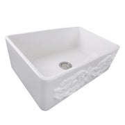 Nantucket Sinks FCFS3320S-Grapes Grapes apron farmhouse sink from above at an angle into the bowl and drain
