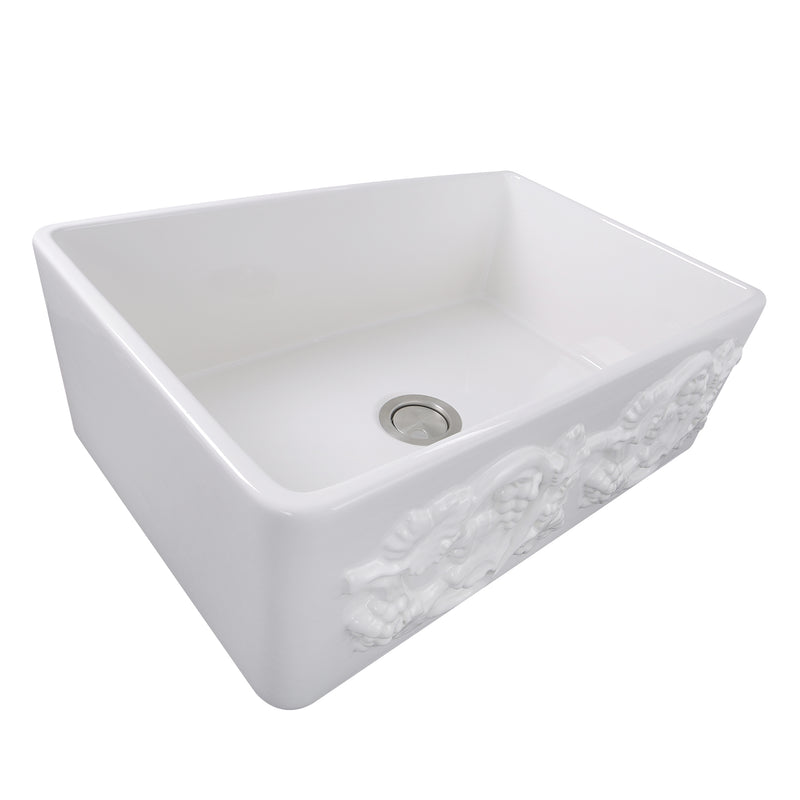 Nantucket Sinks FCFS3320S-Grapes Grapes apron farmhouse sink from above at an angle into the bowl and drain