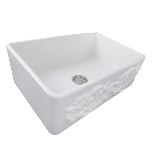 Nantucket Sinks FCFS3320S-Grapes Grapes apron farmhouse sink from above at an angle into the bowl and drain