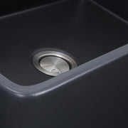 Nantucket Sinks FCFS3320S-MatteBlack close-up of the matte black bowl corner and brushed drain